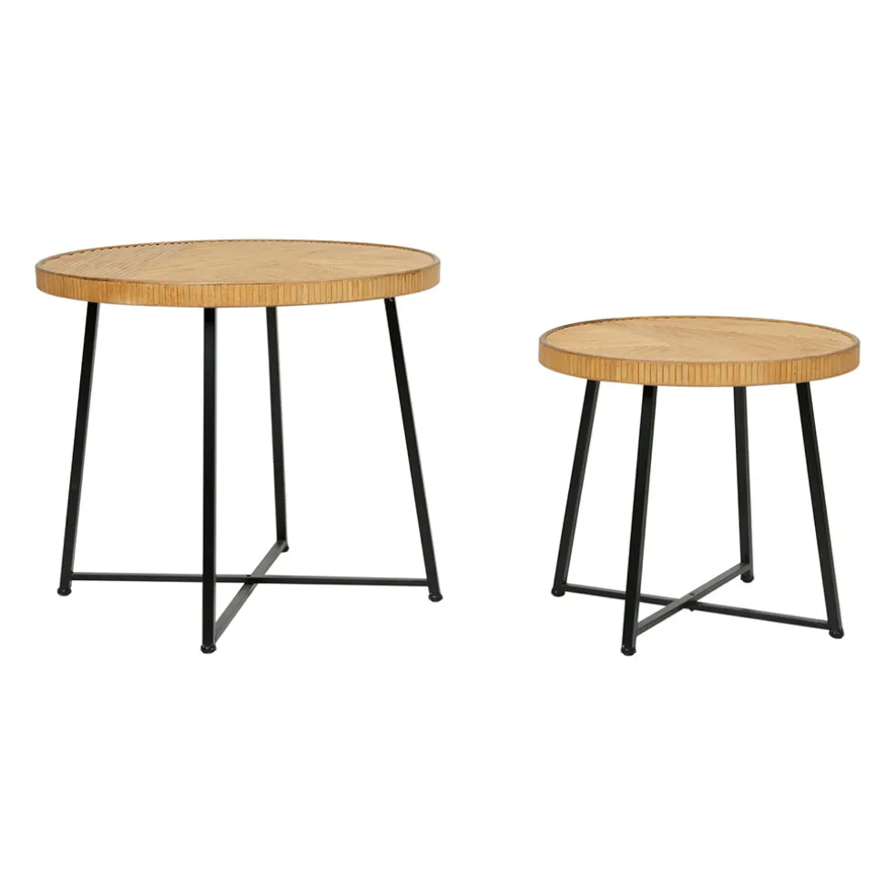 Table basse (lot de 2) en bambou, rotin et pieds en fer noir - Saori