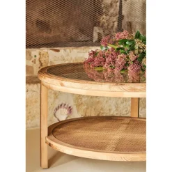 Table basse ronde en sapin naturel et verre trempé d75cm - Firmin
