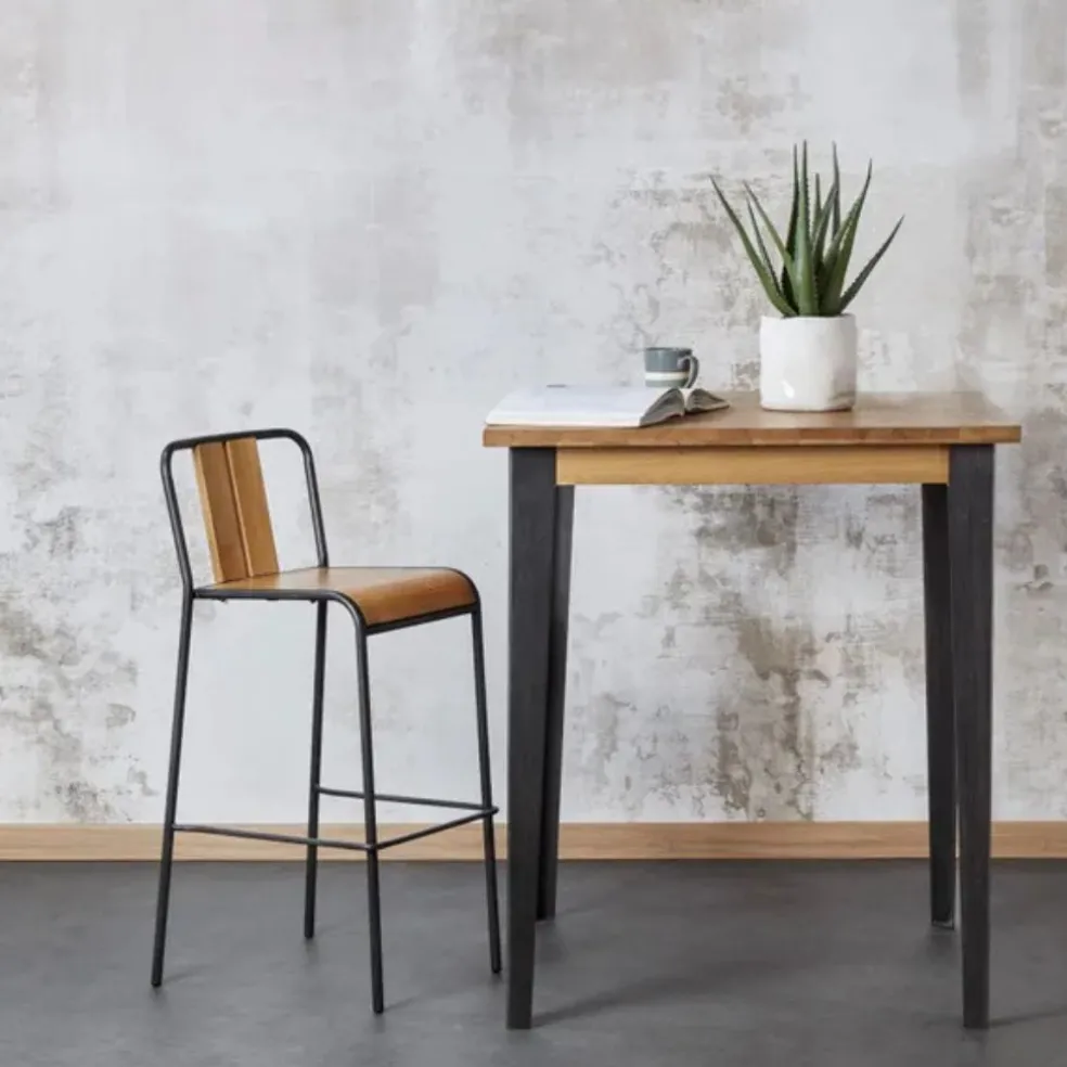 Table de bar carrée en chêne massif et pieds acier 90x90 cm - Manny