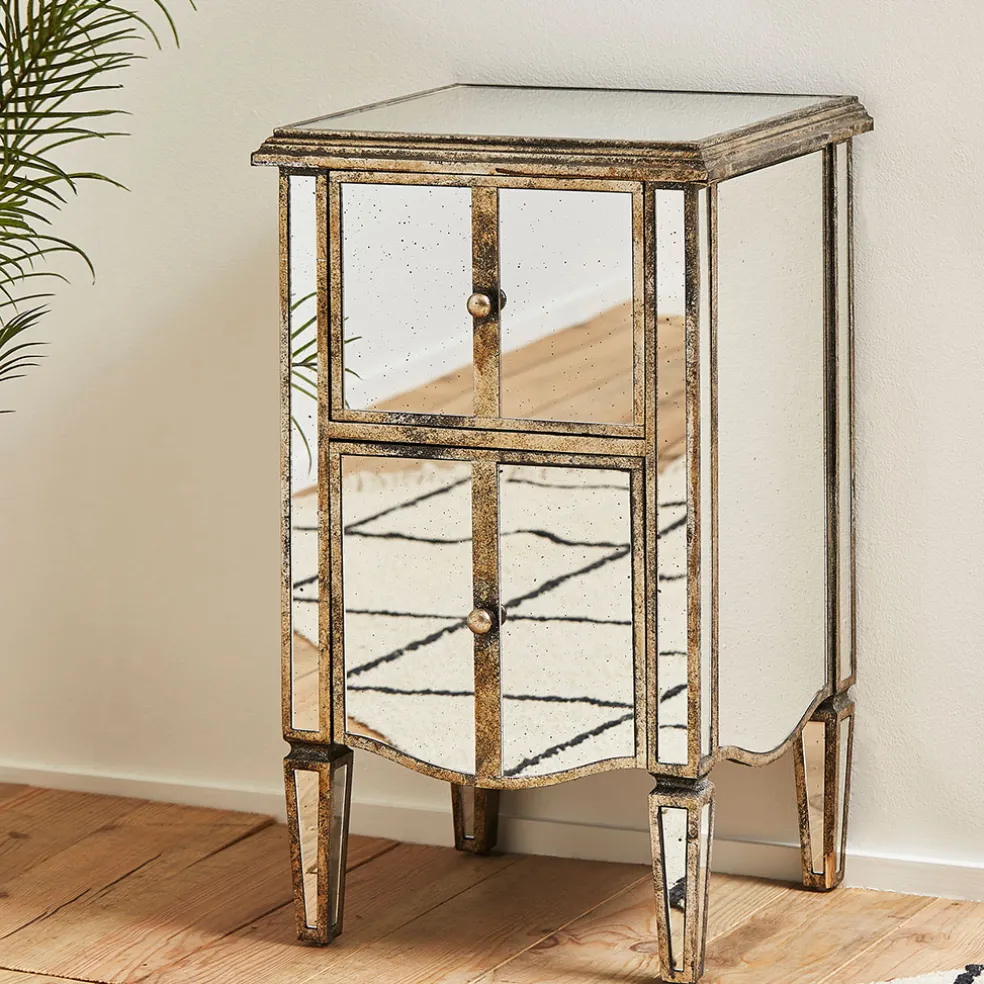 Table de chevet baroque en bois et miroir 2 tiroirs - Bois miroir