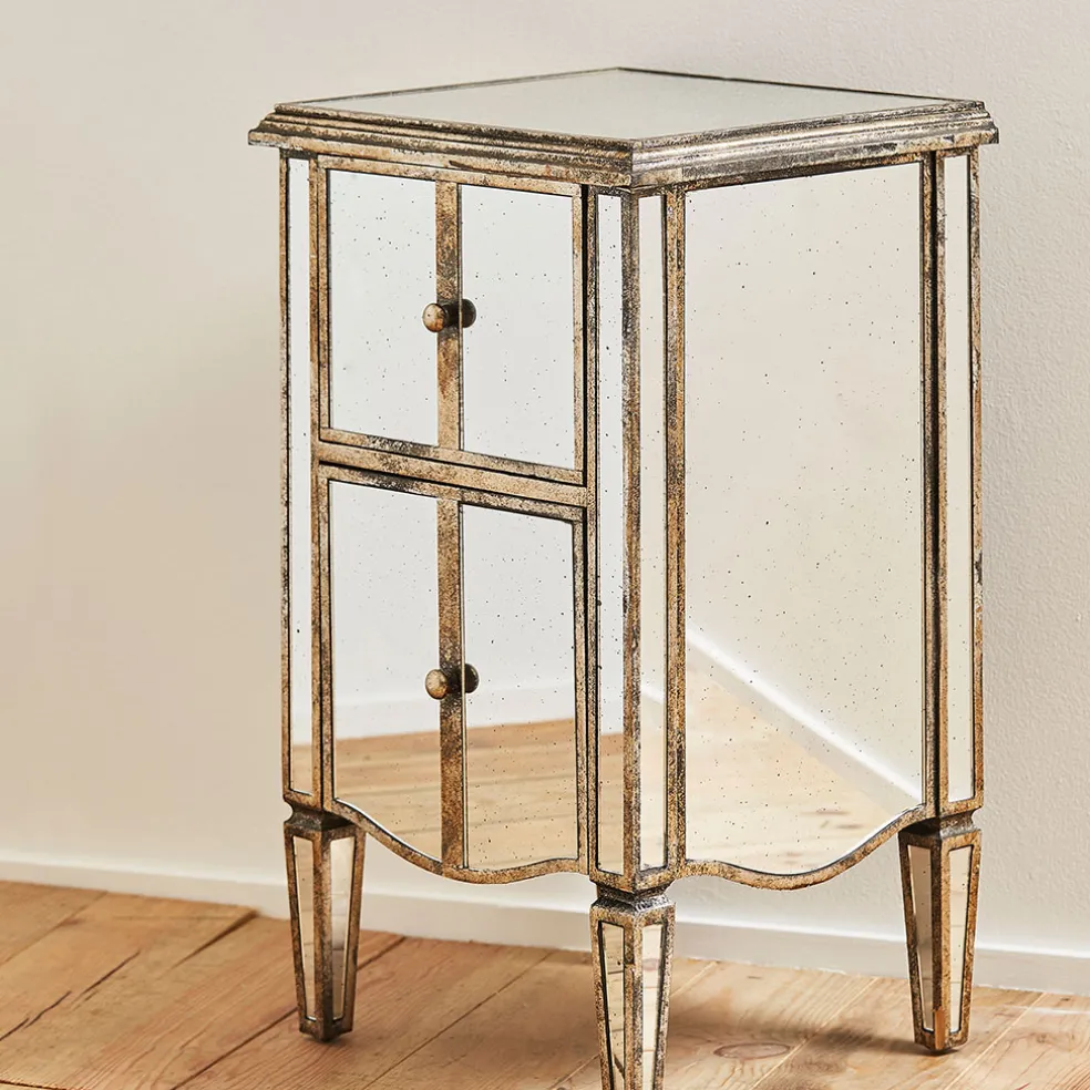 Table de chevet baroque en bois et miroir 2 tiroirs - Bois miroir