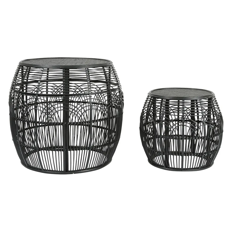 Table d'appoint ronde (x2) en rotin et bois noir - Element