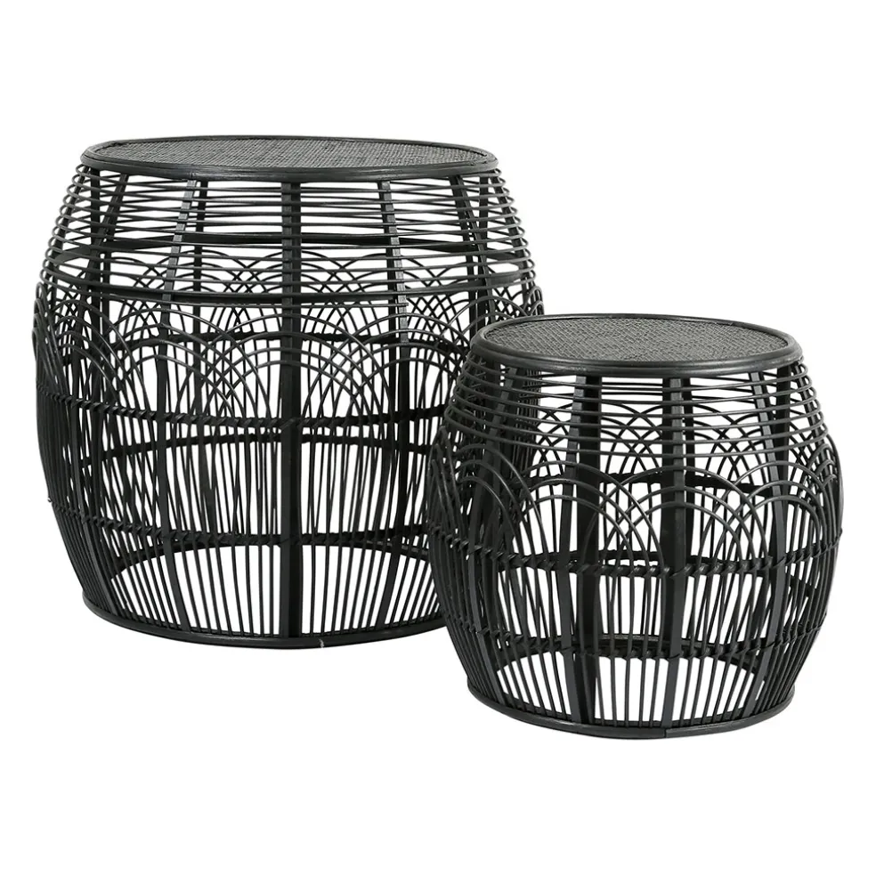 Table d'appoint ronde (x2) en rotin et bois noir - Element