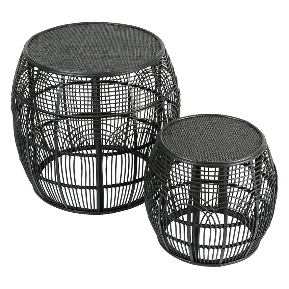 Table d'appoint ronde (x2) en rotin et bois noir - Element