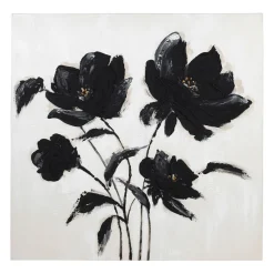 Tableau fleurs en toile et pin noir et doré 100x100cm - Fleurs