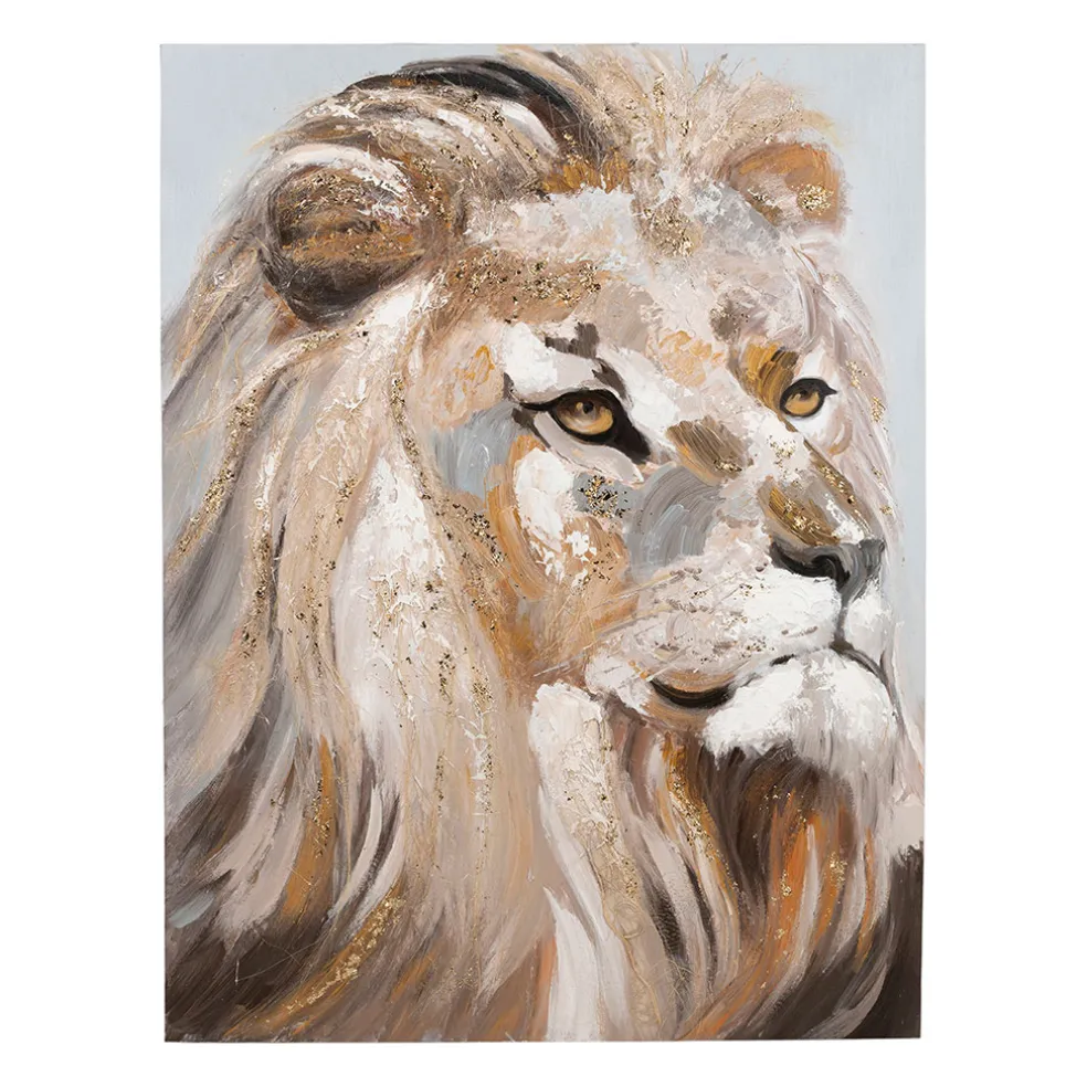 Tableau lion en toile et pin beige 90x120cm - Animal
