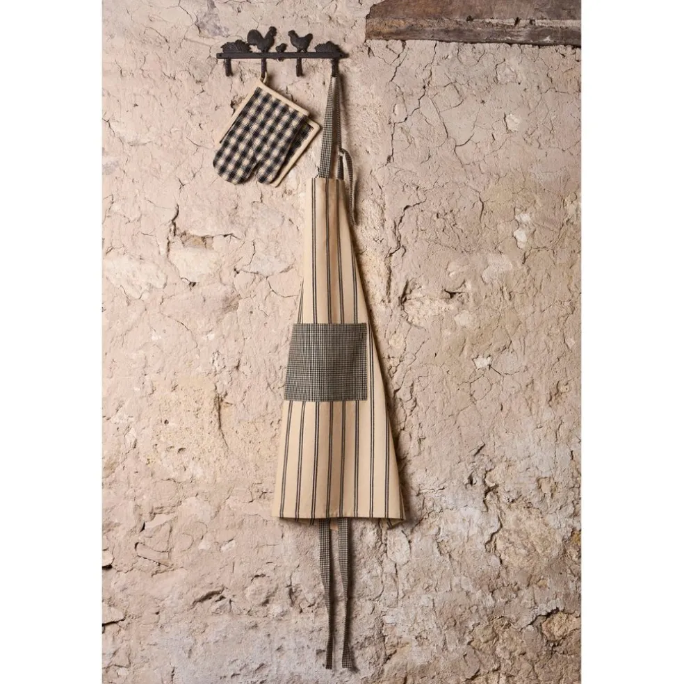 Tablier rayé en coton noir et écru - Campagne