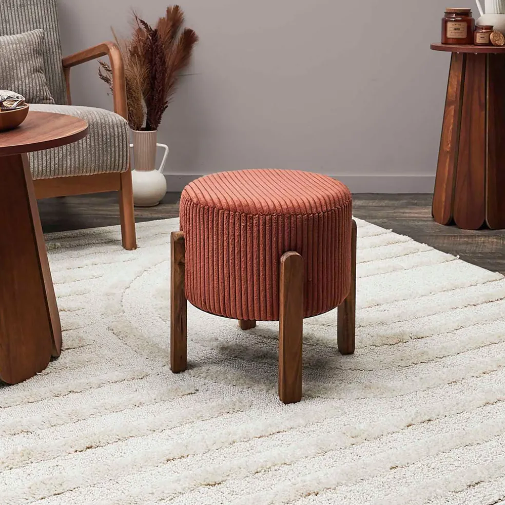 Tabouret en tissu côtelé terracotta et bois d'acacia - Scarlett