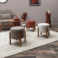 Tabouret en tissu côtelé terracotta et bois d'acacia - Scarlett