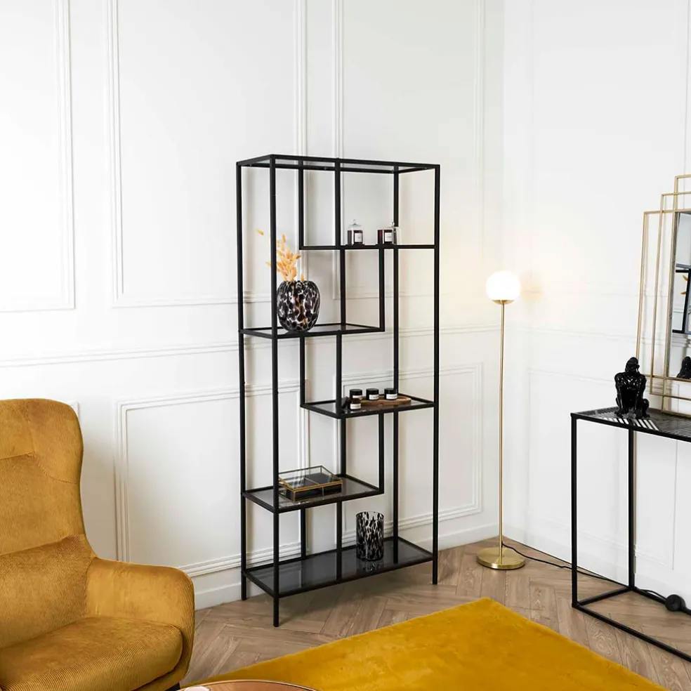 Étagère en métal noir verre fumé h180cm - Edgard