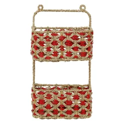 Étagère murale 2 paniers en jonc de mer naturel et rouge