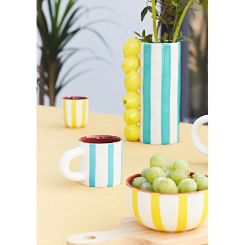 Tasse à café en grès rayée turquoise et blanc 17cl - Alaria