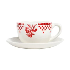 Tasse à thé et sous-tasse en faïence damier rouge - campagne