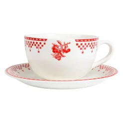 Tasse et sous-tasse en faïence damier rouge - campagne