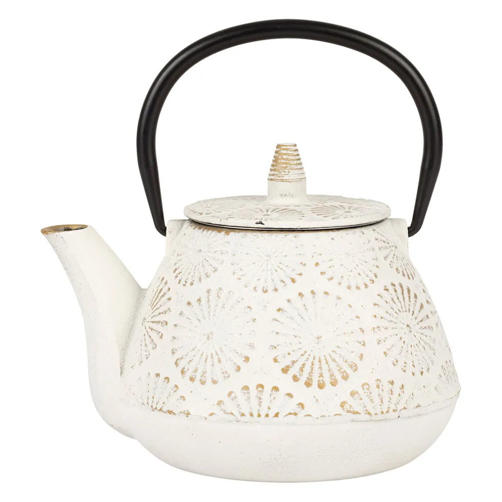 Théière en fonte blanc et dorée - lotus