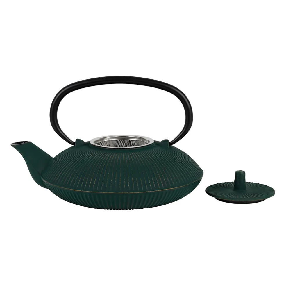 Théière en fonte plate avec filtre émeraude et doré 75cl