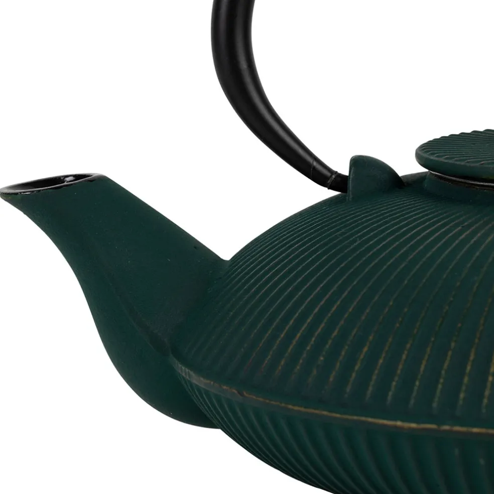 Théière en fonte plate avec filtre émeraude et doré 75cl