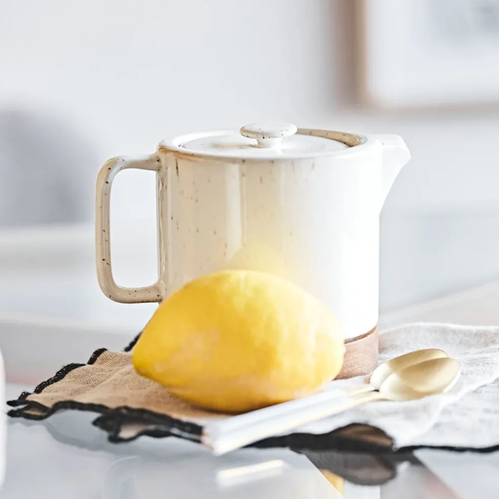 Théière en grès blanc moucheté et bois avec filtre - nordika