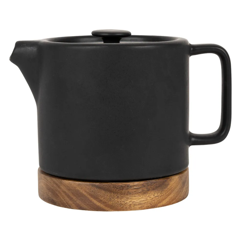 Théière en grès noir mat et bois avec filtre - nordika