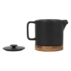 Théière en grès noir mat et bois avec filtre - nordika