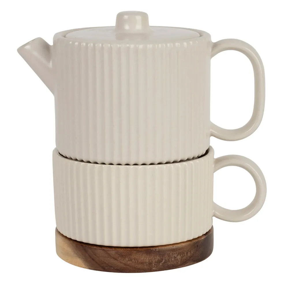 Théière solitaire avec tasse et filtre en grès écru 45cl - Sweet Leaves