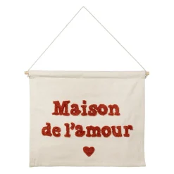 Toile maison amour en coton écru et rouge 66x50cm - Famille