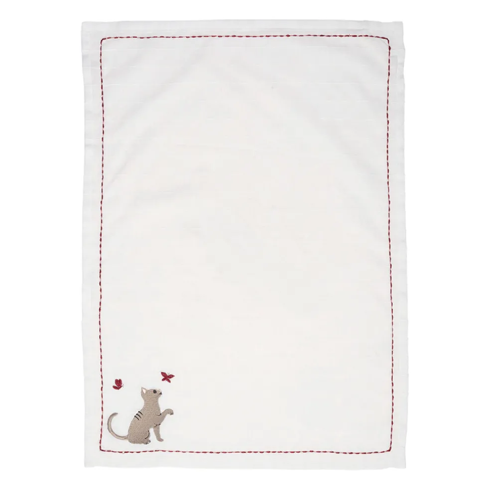 Torchon en coton blanc avec chat 70x50cm - A La Ferme