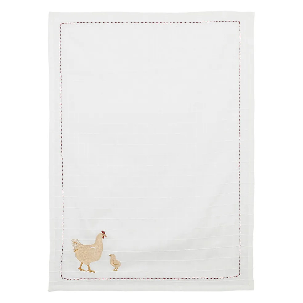 Torchon en coton blanc avec poule 50x70cm - A La Ferme