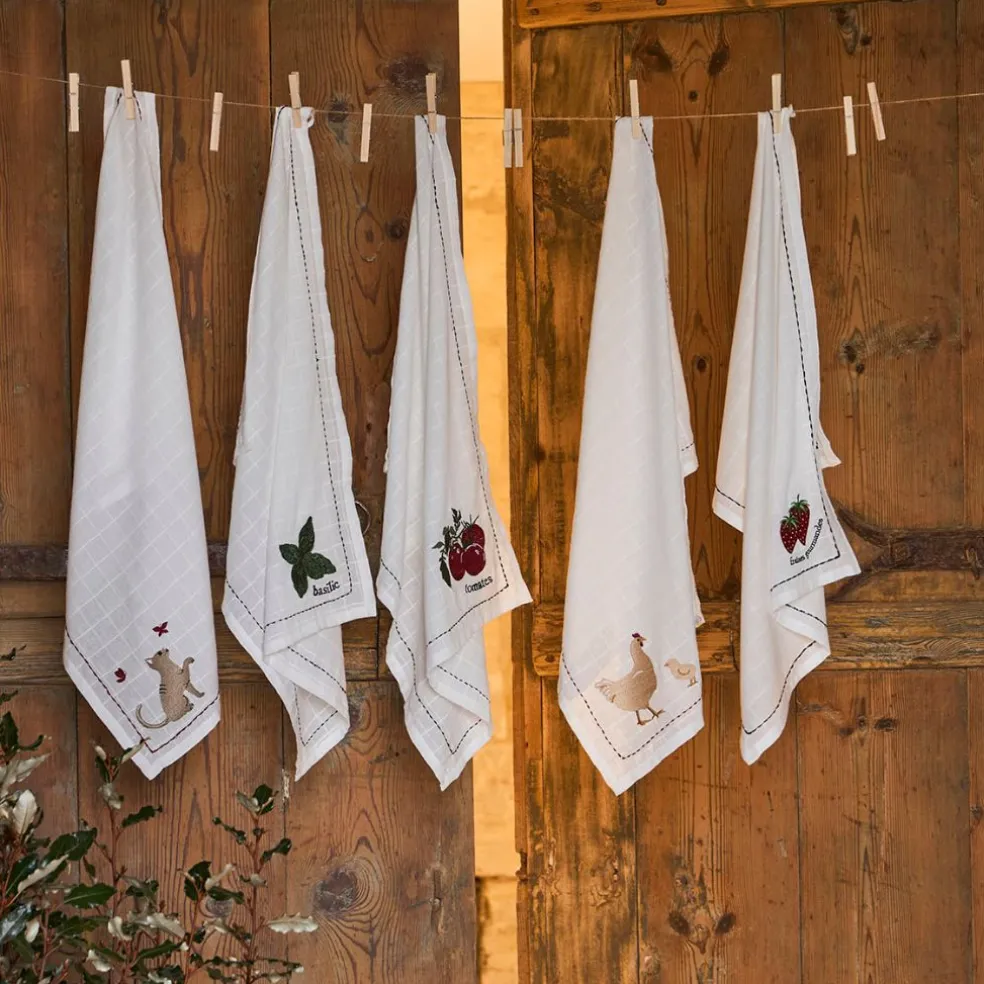 Torchon en coton blanc avec poule 50x70cm - A La Ferme