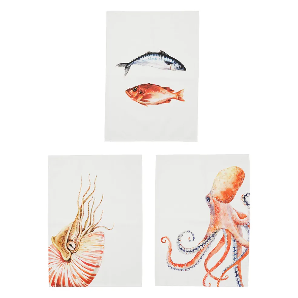 Torchon en coton (x3) faune marine blanc et corail 50x70cm