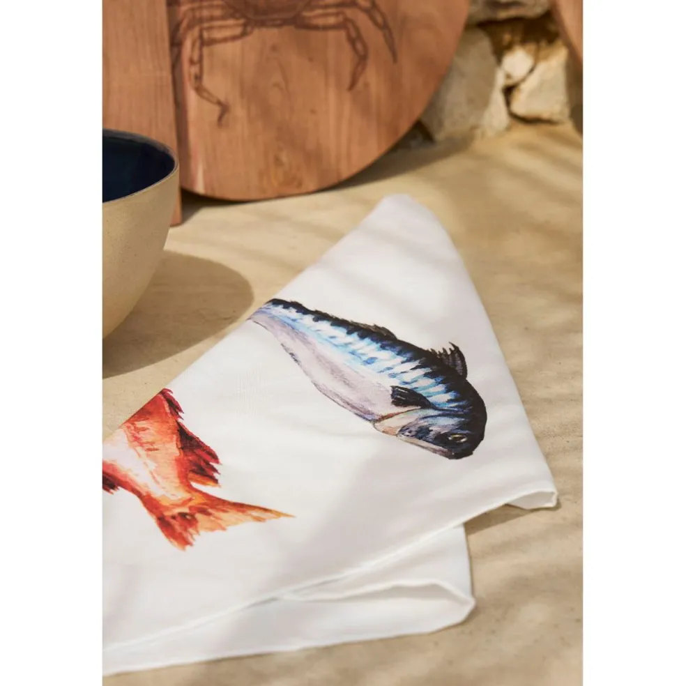 Torchon en coton (x3) faune marine blanc et corail 50x70cm