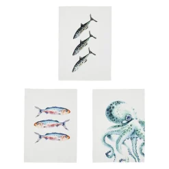 Torchon en coton (x3) faune marine blanc et turquoise 50x70cm