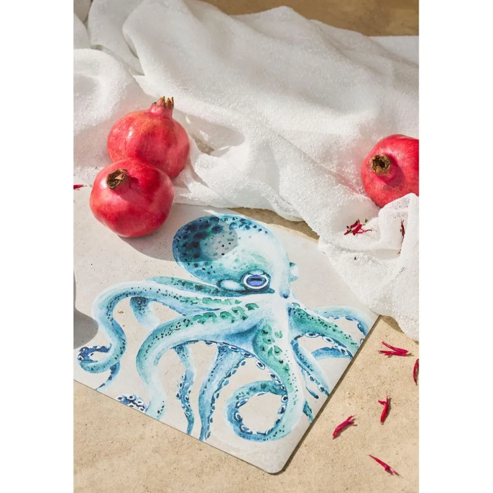 Torchon en coton (x3) faune marine blanc et turquoise 50x70cm