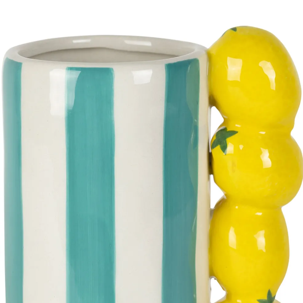 Vase citron en dolomite rayé turquoise et jaune h21cm - Medi