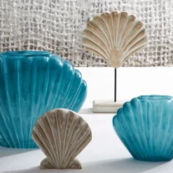 Vase coquillage en verre bleu h14.5cm - Leucie