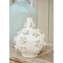 Vase dame jeanne en grès fleurs blanc cassé h25cm - Delicio