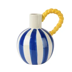 Vase rayé en grès bleu avec anse jaune h21cm