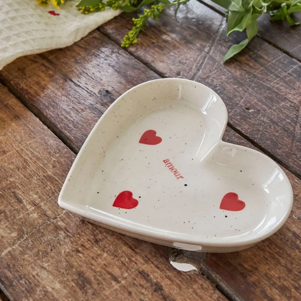 Vide poche cœur en grès blanc et rouge moucheté - Famille